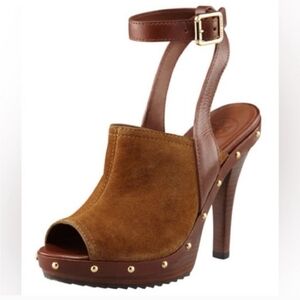 Tory Burch Women's Bilson Suede Ankle Closure Peep Toe Studded Pumps Brown 7.5